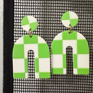 Green and White Checkered Earrings